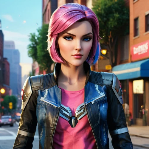 leather jacket,nora,pink quill,super heroine,pink hair,city trans,pink vector,cg artwork,game character,jacket,action-adventure game,superhero background,birds of prey-night,main character,head woman,pink leather,punk,vector girl,harley,retro girl,Photography,General,Commercial
