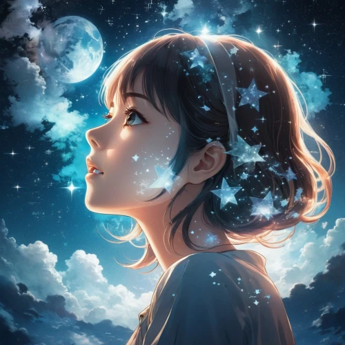 starry sky,mystical portrait of a girl,starry,the night sky,night sky,falling stars,falling star,nightsky,lunar,clear night,tsumugi kotobuki k-on,the moon and the stars,celestial,girl with speech bubble,constellations,violet evergarden,stargazing,moon and star background,forget me not,stars and moon,Photography,Artistic Photography,Artistic Photography 07