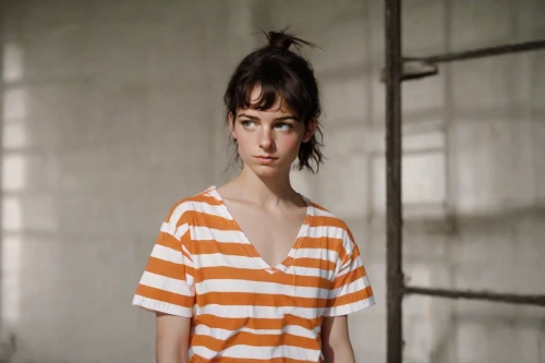 feist,horizontal stripes,the girl in nightie,long-sleeved t-shirt,audrey hepburn-hollywood,audrey hepburn,tiger lily,girl in t-shirt,women clothes,striped background,photo session in torn clothes,women fashion,menswear for women,women's clothing,orange,isolated t-shirt,orange robes,liberty cotton,british actress,sigourney weave,Photography,Natural
