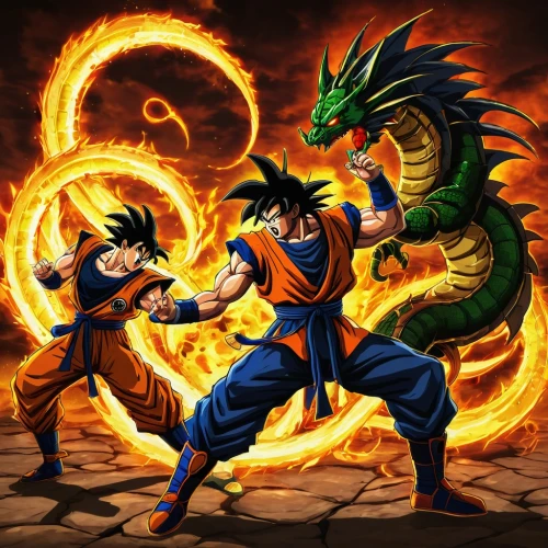 dragon ball,dragon ball z,dragonball,goku,son goku,dragon slayers,takikomi gohan,dragon fire,fire background,dragon slayer,kame sennin,fighting poses,battōjutsu,iaijutsu,sōjutsu,battle,super cell,cg artwork,explosion destroy,dragon of earth,Illustration,Japanese style,Japanese Style 05