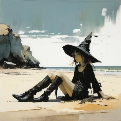 witch,halloween witch,witch hat,witch's legs,witch's hat,dark beach,witches legs,witches,witches' hats,witch ban,girl on the dune,a200,black beach,beach scenery,on the shore,witches hat,sea-shore,beachcombing,witch broom,seaside,Conceptual Art,Fantasy,Fantasy 10