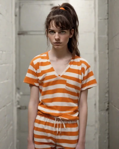 eleven,prisoner,child girl,clementine,unhappy child,horizontal stripes,the little girl,girl in t-shirt,the girl in nightie,lily-rose melody depp,chainlink,detention,agnes,in custody,little girl,children is clothing,lori,child,stop children suicide,orange,Photography,Natural