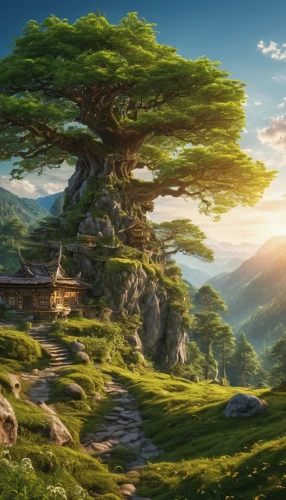 the japanese tree,ginkaku-ji,golden pavilion,dragon tree,the golden pavilion,meteora,japan landscape,landscape background,bonsai,mountain scene,japanese background,tree of life,fantasy landscape,studio ghibli,tigers nest,japanese sakura background,celtic tree,tsukemono,lone tree,chinese background,Photography,General,Realistic