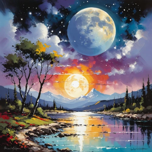 moon and star background,lunar landscape,hanging moon,phase of the moon,moonrise,landscape background,oil painting on canvas,valley of the moon,fantasy landscape,moons,space art,lunar,herfstanemoon,moonlit night,nature landscape,moonscape,moon valley,fantasy picture,sun moon,moon night,Conceptual Art,Oil color,Oil Color 09
