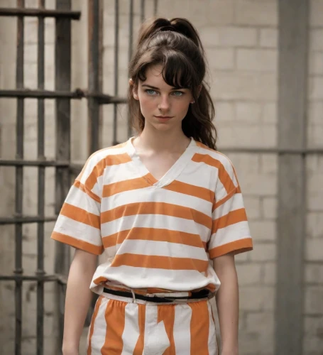 horizontal stripes,prisoner,detention,striped,stripes,a uniform,liberty cotton,one-piece garment,television character,orange robes,orange,stripe,school uniform,isolated t-shirt,bad girl,handcuffed,prison,tee,tiger lily,pin stripe,Photography,Natural