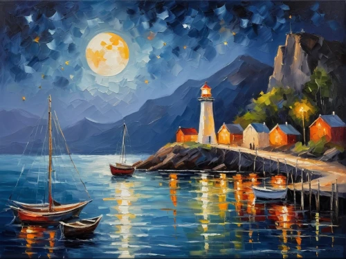 night scene,oil painting on canvas,art painting,moonlit night,oil painting,italian painter,sea landscape,motif,fantasy picture,moon and star background,khokhloma painting,painting technique,herfstanemoon,sailboats,sailing boats,fantasy art,oil on canvas,hanging moon,starry night,sea night,Conceptual Art,Oil color,Oil Color 22
