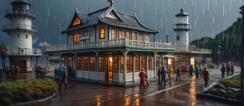 miniature house,rainy day,rainy,disneyland park,world digital painting,shanghai disney,lonely house,gazebo,little house,fantasy city,fairy tale castle,wooden houses,wooden house,amusement park,rainy season,studio ghibli,small house,carousel,asian architecture,victorian,Photography,General,Fantasy