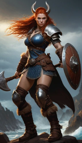 female warrior,warrior woman,dwarf sundheim,viking,celtic queen,norse,wind warrior,barbarian,strong woman,fantasy warrior,strong women,heroic fantasy,massively multiplayer online role-playing game,elaeis,clàrsach,vikings,huntress,eufiliya,dane axe,mara,Illustration,Realistic Fantasy,Realistic Fantasy 03