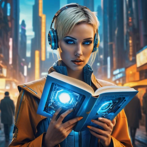 cyberpunk,sci fiction illustration,book electronic,librarian,e-book readers,girl studying,women in technology,blonde woman reading a newspaper,e-reader,readers,transistor,electro,audio player,walkman,music books,cg artwork,tracer,girl at the computer,transistor checking,wireless headset,Photography,General,Realistic