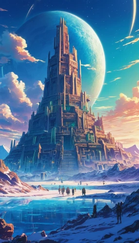 ancient city,fantasy landscape,futuristic landscape,fantasy city,3d fantasy,atlantis,fantasy world,fantasy picture,fantasy art,cg artwork,the ruins of the,imperial shores,the ancient world,lunar landscape,knight's castle,arcanum,dream world,heroic fantasy,alien planet,mountain settlement,Illustration,Japanese style,Japanese Style 03