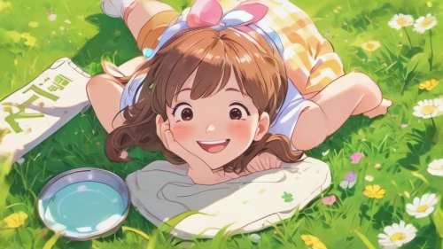 yui hirasawa k-on,garden swing,girl picking flowers,picking flowers,spring background,miku maekawa,playmat,watering can,girl lying on the grass,studio ghibli,mikuru asahina,blooming grass,falling flowers,euphonium,meadow play,grass blossom,cheery-blossom,on the grass,easter banner,springtime background,Illustration,Japanese style,Japanese Style 01