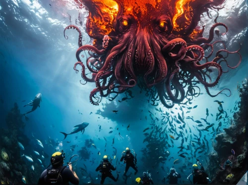 kraken,deep sea,marine biology,giant squid,octopus,god of the sea,the bottom of the sea,giant pacific octopus,under sea,deep sea diving,undersea,calamari,cephalopods,cephalopod,red sea,bottom of the sea,sea monsters,marine diversity,the people in the sea,octopus tentacles,Illustration,Realistic Fantasy,Realistic Fantasy 25