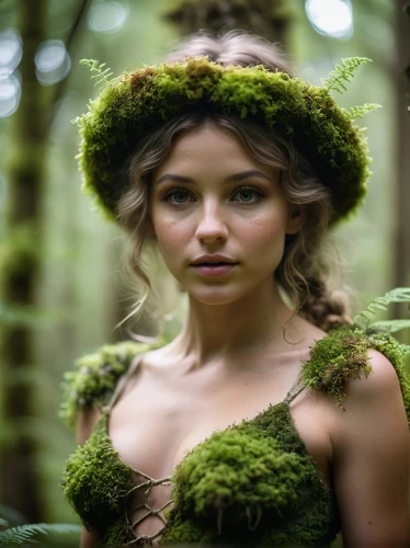 dryad,faerie,faery,girl in a wreath,fae,faun,natural cosmetics,the enchantress,marie leaf,ballerina in the woods,green wreath,hula,mother nature,fairy forest,wood elf,anahata,girl with tree,green forest,forest clover,forest animal,Photography,General,Cinematic