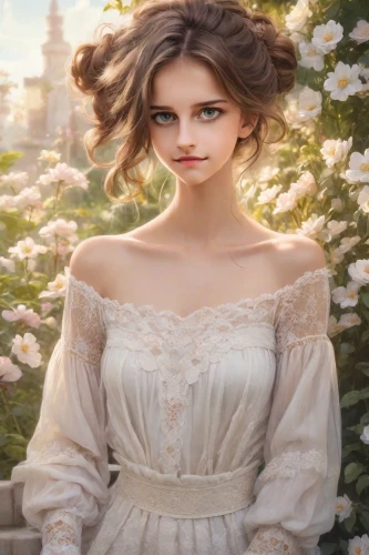 jane austen,marguerite,cinderella,jessamine,bridal clothing,romantic portrait,romantic look,victorian lady,fairy tale character,white rose snow queen,girl in flowers,girl in the garden,fantasy portrait,eglantine,bridal,wedding dress,wedding dresses,girl in a historic way,portrait background,bridal dress,Photography,Realistic