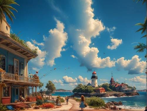 popeye village,seaside resort,monkey island,the caribbean,caribbean beach,seaside country,an island far away landscape,caribbean,fantasy landscape,key west,lighthouse,south seas,red lighthouse,java island,delight island,thimble islands,tropical island,south pacific,mahogany bay,fantasy picture,Photography,General,Fantasy