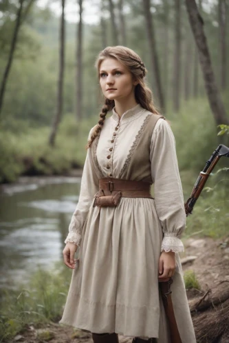 girl in a historic way,jessamine,the blonde in the river,girl with gun,country dress,woman holding gun,girl with a gun,joan of arc,piper,digital compositing,southern belle,folk costume,pilgrim,celtic queen,folk music,women clothes,women's clothing,american frontier,biblical narrative characters,the wanderer,Photography,Cinematic