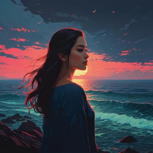 ocean,world digital painting,the wind from the sea,girl on the dune,mystical portrait of a girl,digital painting,sea,the endless sea,sea breeze,eventide,fantasy portrait,romantic portrait,sea night,girl with a dolphin,digital art,the horizon,sunset glow,by the sea,sea landscape,ocean background,Conceptual Art,Fantasy,Fantasy 32