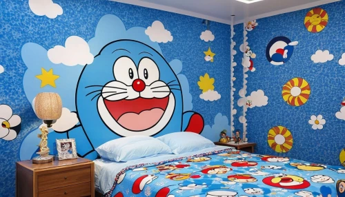 doraemon,children's bedroom,kids room,boy's room picture,wall sticker,baby room,children's room,sleeping room,sonic the hedgehog,guestroom,great room,children's background,duvet cover,the little girl's room,donald duck,nursery decoration,blue room,room,smurf,wall decoration,Photography,General,Realistic