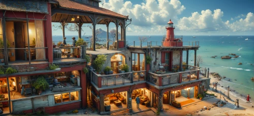 seaside resort,fishing village,house of the sea,popeye village,monkey island,seaside view,stone town,harbor,caravel,sea fantasy,merchant,treasure house,pirate treasure,seaside country,port of call,red lighthouse,seaside,venetian,venice,stilt houses,Photography,General,Fantasy