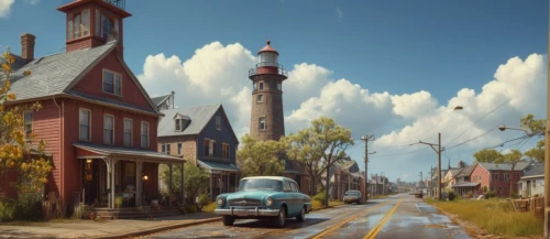 aurora village,watertower,street scene,bogart village,water tower,studio ghibli,resort town,bodie island,seaside resort,wooden houses,seaside country,small towns,galveston,skyscraper town,red lighthouse,chimneys,austin cambridge,old linden alley,de ville,popeye village,Photography,General,Fantasy