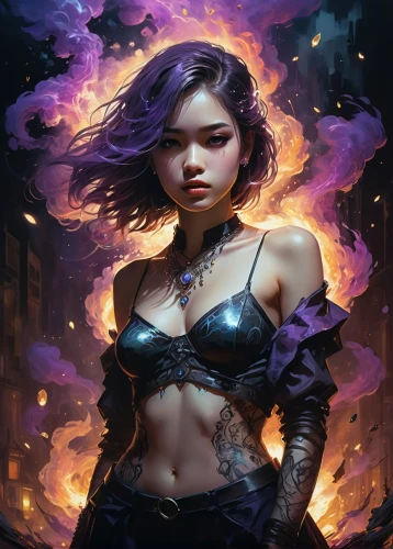 fantasy portrait,rosa ' amber cover,la violetta,violet,fire artist,fantasy art,dragon li,sorceress,fire siren,fae,purple rose,the enchantress,ultraviolet,fire background,fantasy picture,mystical portrait of a girl,solar,fantasy woman,nebula guardian,cg artwork,Illustration,Realistic Fantasy,Realistic Fantasy 12