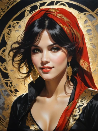 fantasy art,the carnival of venice,fantasy portrait,radha,romantic portrait,oriental princess,jasmine,mary-gold,sorceress,art painting,red riding hood,oil painting on canvas,vietnamese woman,celtic queen,portrait background,oriental girl,italian painter,oil painting,queen of hearts,thracian,Illustration,Retro,Retro 01