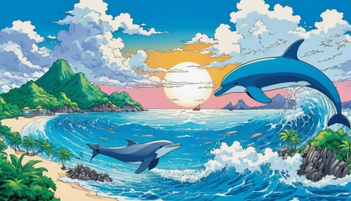 dolphin background,dolphin coast,dolphins in water,dolphin-afalina,oceanic dolphins,dolphins,ocean paradise,two dolphins,ocean background,dolphin,ocean,sea,cartoon video game background,giant dolphin,dolphinarium,dolphin swimming,orca,tsunami,whales,road dolphin,Illustration,Japanese style,Japanese Style 04