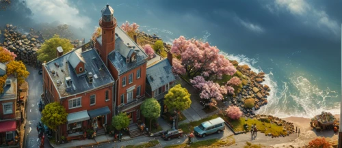 frederic church,seaside resort,house by the water,aurora village,victorian house,fantasy picture,thimble islands,fantasy landscape,fisherman's house,house of the sea,cottage,house with lake,escher village,children's background,brownstone,home landscape,the bluff,autumn background,background image,resort town,Photography,General,Fantasy