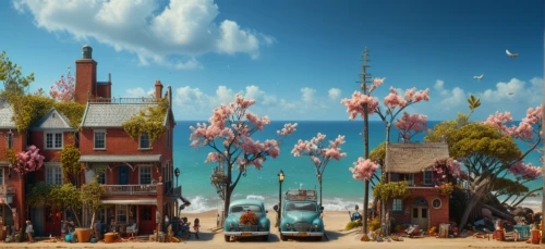 seaside resort,seaside country,popeye village,3d fantasy,cartoon video game background,children's background,hanging houses,digital compositing,resort town,stilt houses,houses clipart,fairy village,fantasy city,hot-air-balloon-valley-sky,cartoon forest,delight island,crane houses,fishing village,beachhouse,wonderland,Photography,General,Fantasy