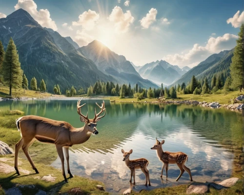 deer illustration,european deer,forest animals,landscape background,berchtesgaden national park,mountain scene,deers,background view nature,elk,salt meadow landscape,deer,temperate coniferous forest,fantasy picture,nature landscape,mountain sheep,woodland animals,deer-with-fawn,caribou,mountain landscape,mountain meadow,Photography,General,Realistic