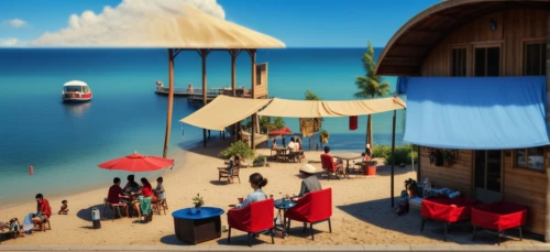 beach restaurant,beach bar,seaside resort,popeye village,floating huts,fishing village,3d render,resort town,beach tent,beach furniture,3d rendering,cube stilt houses,thatch umbrellas,beach resort,3d rendered,summer beach umbrellas,3d background,resort,boatyard,seaside view,Photography,General,Realistic