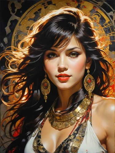 fantasy art,oriental girl,ancient egyptian girl,orientalism,oriental princess,vietnamese woman,chinese art,asian woman,priestess,mystical portrait of a girl,jasmine,indian art,gold foil art,oil painting on canvas,sorceress,cleopatra,art painting,gypsy soul,gold leaf,oriental,Illustration,Retro,Retro 01