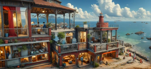 seaside resort,fishing village,beach restaurant,watercolor cafe,house of the sea,popeye village,stilt houses,seaside view,harbor,floating huts,sea fantasy,beach bar,watercolor tea shop,floating restaurant,merchant,hanging houses,seaside country,seaside,shipyard,stilt house,Photography,General,Fantasy