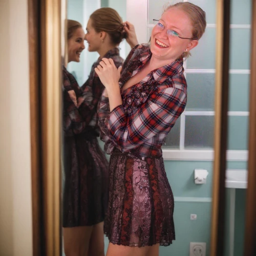 mini-dresses,in the mirror,magnolieacease,dressing up,a girl in a dress,plaid,with glasses,makeup mirror,nightgown,light plaid,bathrobe,mirror,short dress,lily-rose melody depp,meryl streep,country dress,pajamas,bride getting dressed,party dress,tartan