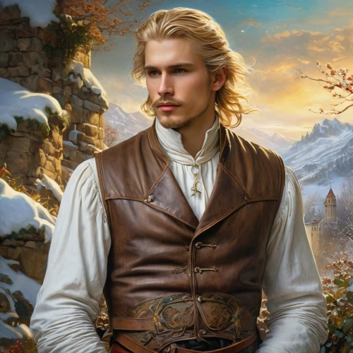 male elf,cullen skink,fantasy picture,fantasy portrait,htt pléthore,heroic fantasy,king arthur,male character,fantasy art,white rose snow queen,fairy tale character,suit of the snow maiden,robert harbeck,prince of wales,melchior,king ortler,portrait background,hobbit,the wanderer,eternal snow,Conceptual Art,Fantasy,Fantasy 05