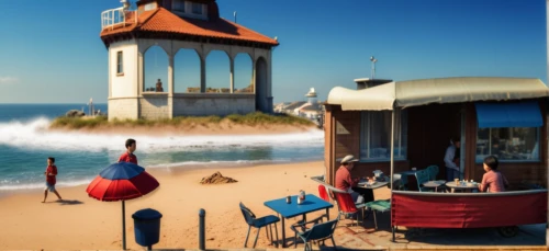 lifeguard tower,beach restaurant,seaside resort,beach hut,bandstand,ice cream stand,rubjerg knude lighthouse,kiosk,cromer pier,red lighthouse,seaside country,binz,warnemünde,cromer,beach bar,cascais,bournemouth,scheveningen,algarve,beach huts,Photography,General,Realistic