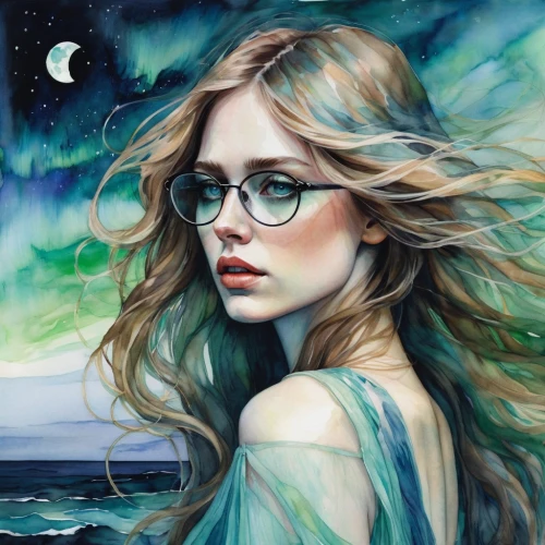 mystical portrait of a girl,blue moon rose,fantasy portrait,fantasy art,with glasses,oil painting on canvas,spectacles,the zodiac sign pisces,fantasy picture,the enchantress,moonlit night,faerie,mermaid background,world digital painting,blue moon,the night of kupala,faery,eye glasses,moonlit,oil painting,Illustration,Paper based,Paper Based 20