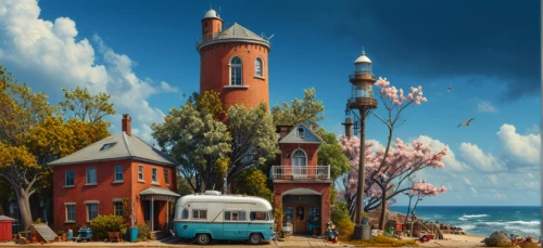 seaside resort,red lighthouse,campervan,lighthouse,murano lighthouse,ice cream van,electric lighthouse,vwbus,toll house,seaside country,caravan,holiday home,the lisbon tram,watertower,motorhomes,resort town,light house,houses clipart,ice cream stand,caravanning,Photography,General,Fantasy