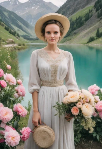 daisy jazz isobel ridley,country dress,countrygirl,sound of music,meadow,milkmaid,girl in flowers,heidi country,flower girl,eglantine,cherokee rose,prairie,amish,holding flowers,vintage women,beautiful girl with flowers,vintage flowers,woman of straw,jessamine,wild roses,Photography,Realistic