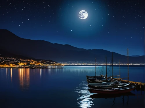 moonlit night,moon and star background,moonlit,sea night,night scene,hanging moon,blue moon,night image,moonlight,boat landscape,sailing-boat,montreux,moon and star,sailing boat,nautical star,ascona,sailing boats,moon at night,stars and moon,moon night,Conceptual Art,Oil color,Oil Color 02