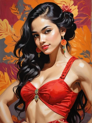 indian art,oil painting on canvas,polynesian girl,oil painting,indian woman,indian girl,art painting,radha,valentine day's pin up,valentine pin up,on a red background,jasmine,pin-up girl,oriental girl,persian,east indian,lady in red,young woman,orientalism,jasmine crape,Illustration,Vector,Vector 08