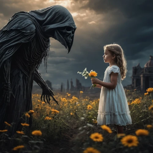 children's fairy tale,fantasy picture,the little girl,conceptual photography,flower girl,holding flowers,dance of death,girl picking flowers,a fairy tale,photomanipulation,photo manipulation,gothic portrait,fairy tale,little boy and girl,little girl and mother,romantic portrait,girl in flowers,beautiful girl with flowers,photoshop manipulation,mystical portrait of a girl,Photography,General,Fantasy