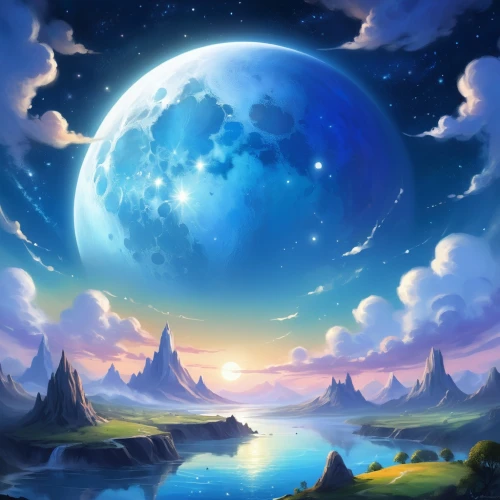 moon and star background,fantasy landscape,lunar landscape,fantasy picture,dream world,landscape background,moonlit night,blue moon,fantasy world,celestial bodies,fantasy art,moons,celestial body,moonlit,moonscape,herfstanemoon,sun moon,moon phase,hanging moon,moon and star,Illustration,Realistic Fantasy,Realistic Fantasy 01