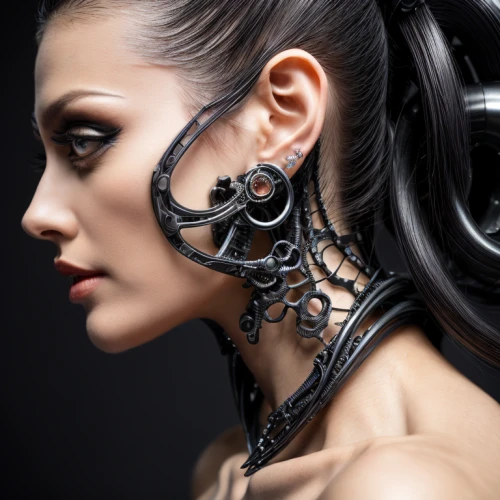 biomechanical,body jewelry,artificial hair integrations,gothic fashion,circuitry,adornments,cybernetics,gothic style,steampunk,jewellery,accessory,jewelry,harnessed,filigree,bridal accessory,body piercing,streampunk,earring,hair accessory,gothic woman