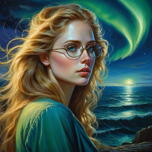 fantasy portrait,mystical portrait of a girl,aurora,green aurora,fantasy picture,with glasses,romantic portrait,auroras,fantasy art,spectacles,oil painting on canvas,world digital painting,librarian,portrait of a girl,portrait background,della,fantasy woman,juno,cg artwork,sci fiction illustration,Illustration,Realistic Fantasy,Realistic Fantasy 32