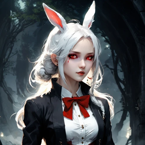 white rabbit,yulan magnolia,white bunny,bunny,alice,gray hare,vampire lady,wood rabbit,rabbit,long-eared,kitsune,little bunny,female hares,vampire woman,fairy tale character,no ear bunny,black forest,vampire,hare,little rabbit,Conceptual Art,Fantasy,Fantasy 02