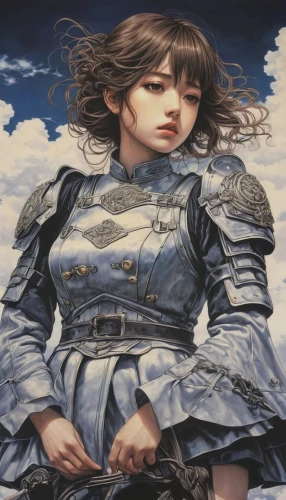 joan of arc,free land-rose,sky rose,little girl in wind,shirakami-sanchi,clouds - sky,sky,heroic fantasy,mari makinami,blue ribbon,wind,fantasy portrait,azure,silvery blue,amano,blue sky clouds,japanese art,mystical portrait of a girl,cosmos wind,mazarine blue,Illustration,Japanese style,Japanese Style 18