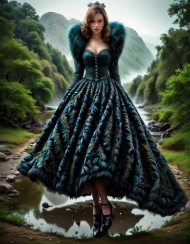 fantasy picture,fairy peacock,the blonde in the river,celtic woman,celtic queen,hoopskirt,enchanting,girl on the river,fairy queen,fantasy woman,blue enchantress,blue peacock,peacock,fantasy art,fairy tale character,fairytale,fairy tale,cinderella,water nymph,a fairy tale