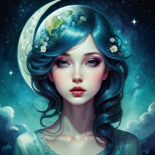 blue moon rose,fantasy portrait,moonflower,moonbeam,mystical portrait of a girl,horoscope libra,zodiac sign libra,celestial body,faerie,blue enchantress,fantasy art,moon phase,blue moon,faery,fairy queen,moonlit,fairy galaxy,zodiac sign gemini,starry sky,queen of the night,Illustration,Realistic Fantasy,Realistic Fantasy 15