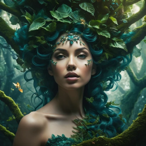 dryad,girl in a wreath,poison ivy,faery,faerie,fantasy portrait,mother earth,tree crown,the enchantress,mother nature,mystical portrait of a girl,fairy queen,laurel wreath,flora,medusa,ivy,fairy peacock,elven flower,blue enchantress,fantasy art,Photography,Artistic Photography,Artistic Photography 05